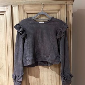 Loveshack fancy distressed grey/purple sweatshirt with ruffles
